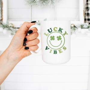 Lucky Vibes Coffee Mug - 15oz, shamrock, St. Patricks Day